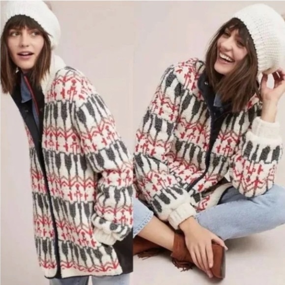 Anthropologie Sleeping on snow Intarsia sherpa fair isle wool blend sweater coat - Picture 1 of 16